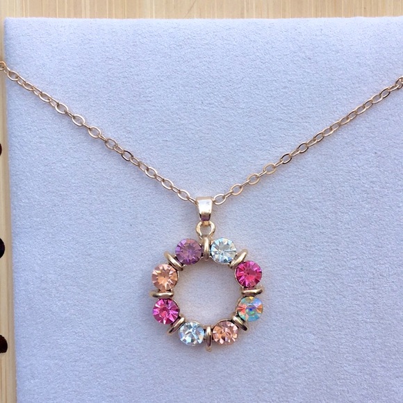 Rose, Champagne, Amethyst +Aurora Borealis Gold Crystal Circle Pendant Necklace - Picture 5 of 6